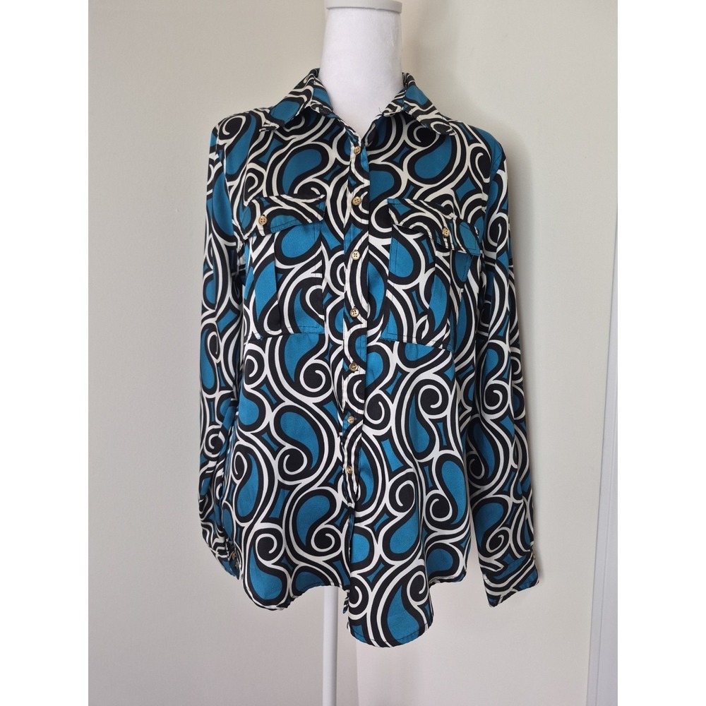 Charter Club Size 10 Button Up Blouse Shirt Royal Blue White Black Swirl